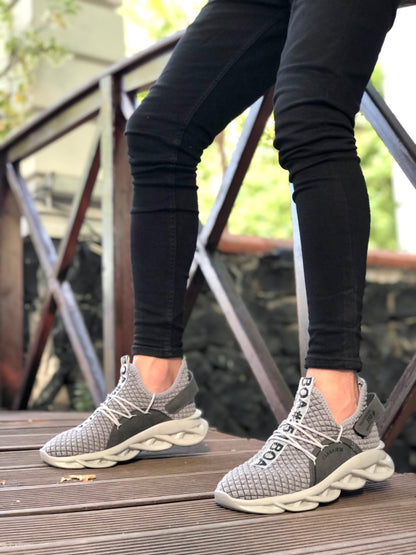 BA0350 Yüksek Taban Tarz Sneakers Cırt Detaylı Gri Erkek Spor Ayakkabısı